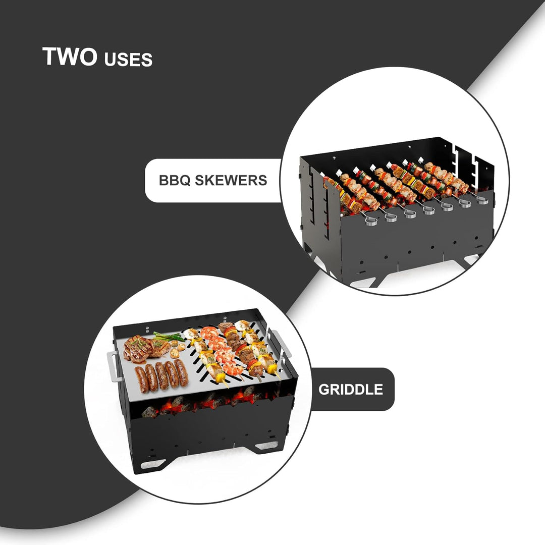 Onlyfire Mobiler Mangal Kohlegrill | Schaschlik Grill mit Plancha Grillplatte & 7 Spiesse, 2 in 1 Tr