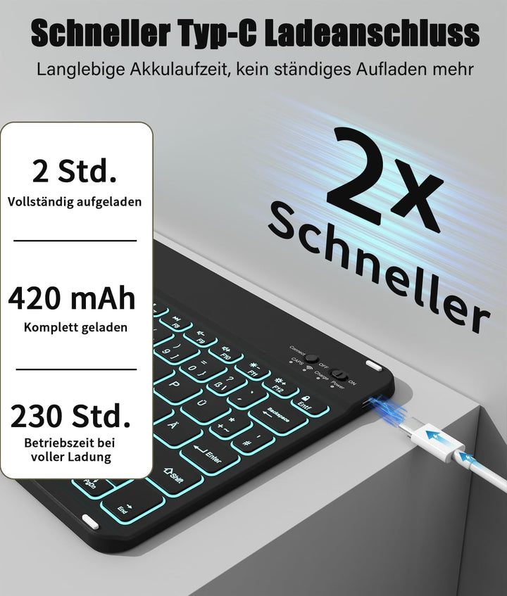 Hülle mit Tastatur für iPad A16 11/10 Generation (2025/2022,Schwarz | 7-Farben Beleuchtung Magnetisc