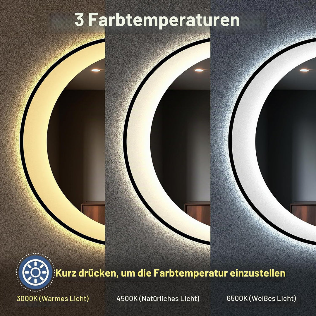 STARLEAD Rund Badspiegel-mit-Beleuchtung 80cm, Asymmetrischer-Spiegel mit Bluetooth, Dimmbar, 3 Lich