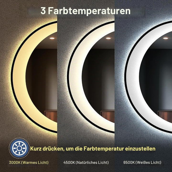STARLEAD Rund Badspiegel-mit-Beleuchtung 80cm, Asymmetrischer-Spiegel mit Bluetooth, Dimmbar, 3 Lich