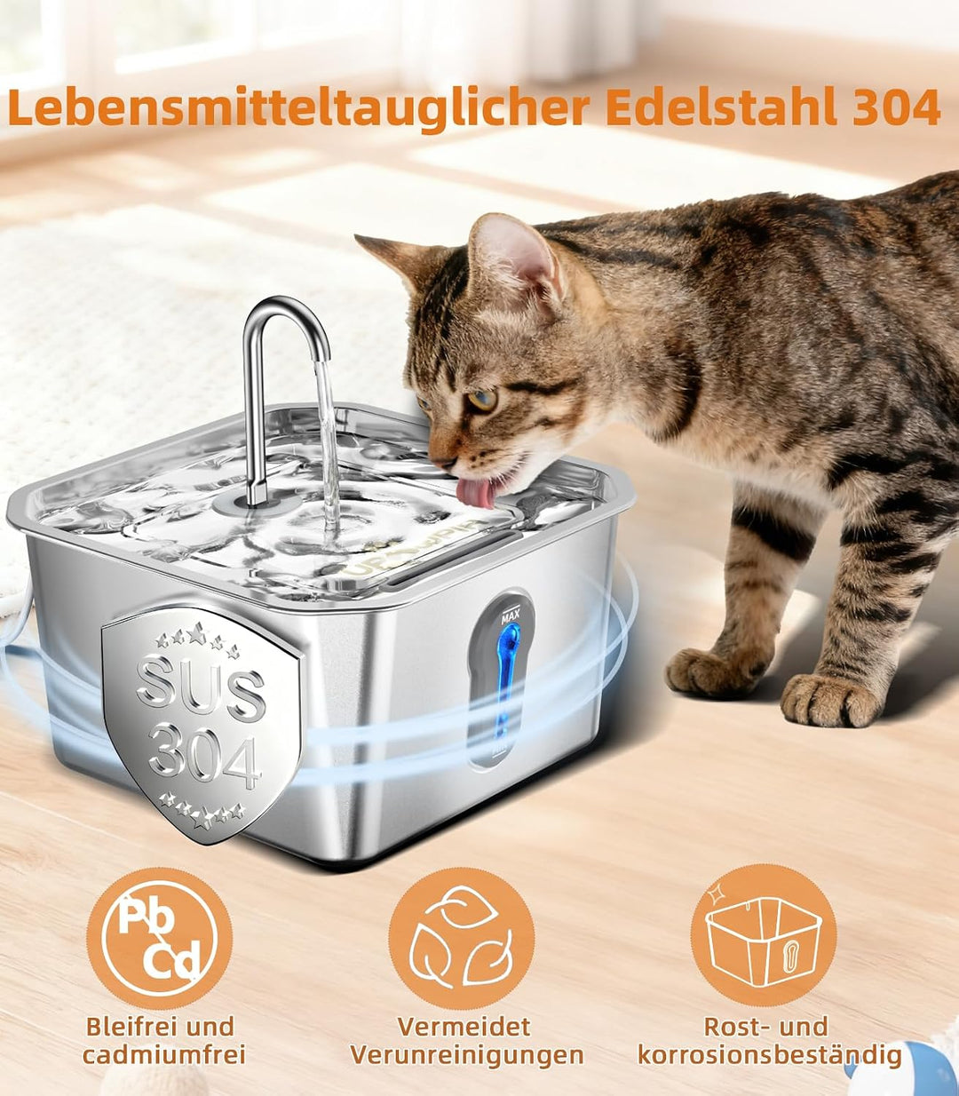UPAWPIA 4L Katzenbrunnen Edelstahl mit 6 Filtern Trinkbrunnen für Katze Katzenbrunnen für Katzen mit