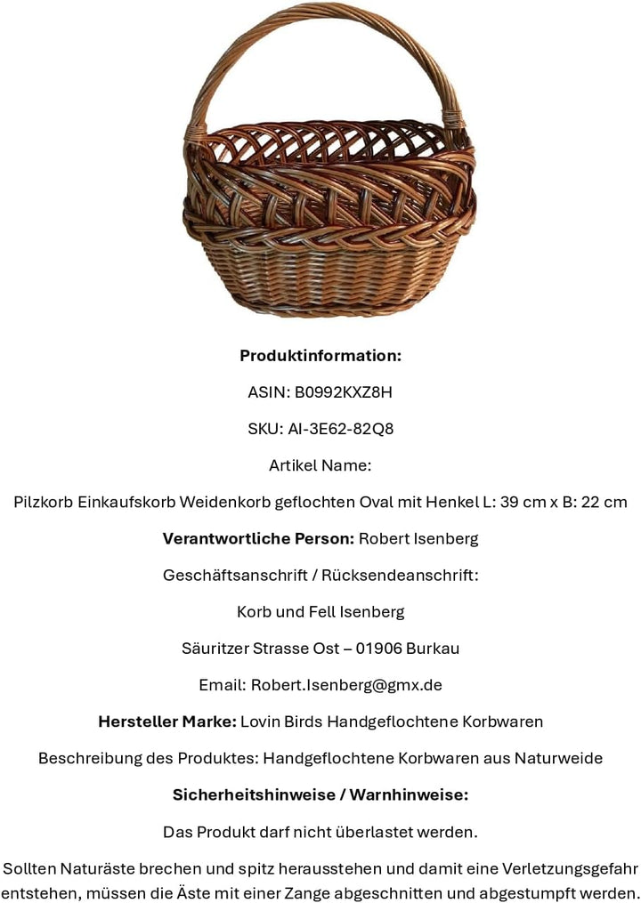 Pilzkorb Einkaufskorb Weidenkorb geflochten Oval mit Henkel L: 39 cm x B: 22 cm
