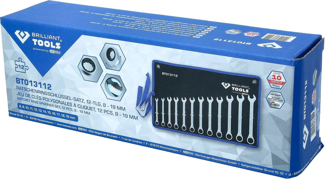 BRILLIANT TOOLS BT013112 Ratschenringschlüssel-Satz, 12-tlg, 8 - 19 mm [Powered by KS TOOLS] 8 - 19