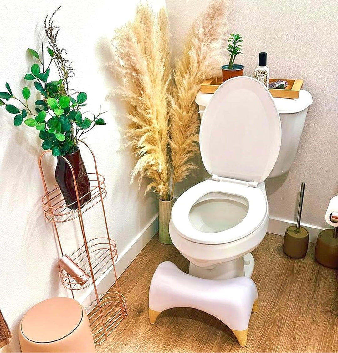 ASDFG TUSHY Ottoman Relaxed - Premium Toilet Stool for Bathroom - Modern Sleek Design - White/Bamboo
