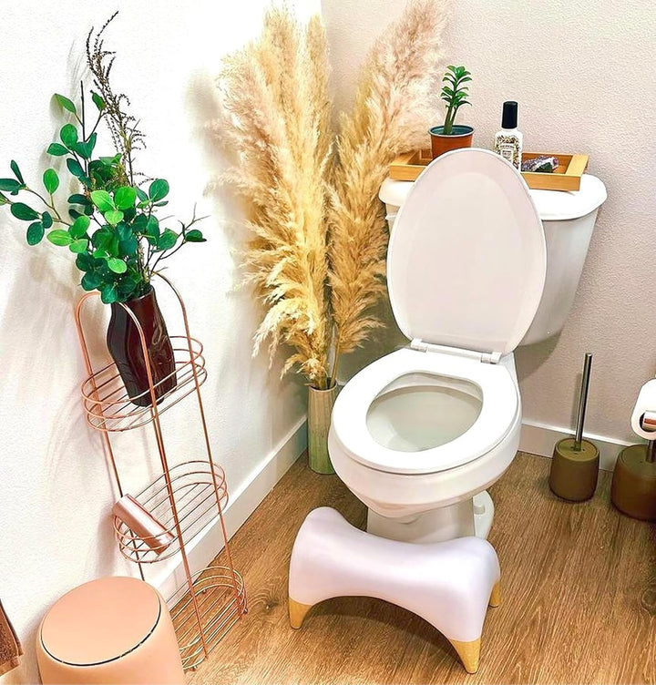 ASDFG TUSHY Ottoman Relaxed - Premium Toilet Stool for Bathroom - Modern Sleek Design - White/Bamboo