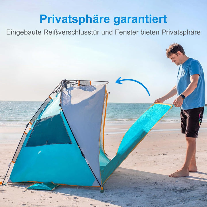 Wolfwise Strandmuschel mit Schnellaufbau für 3-4 Personen – UV-Schutz 50+, Wasserabweisend, Privater