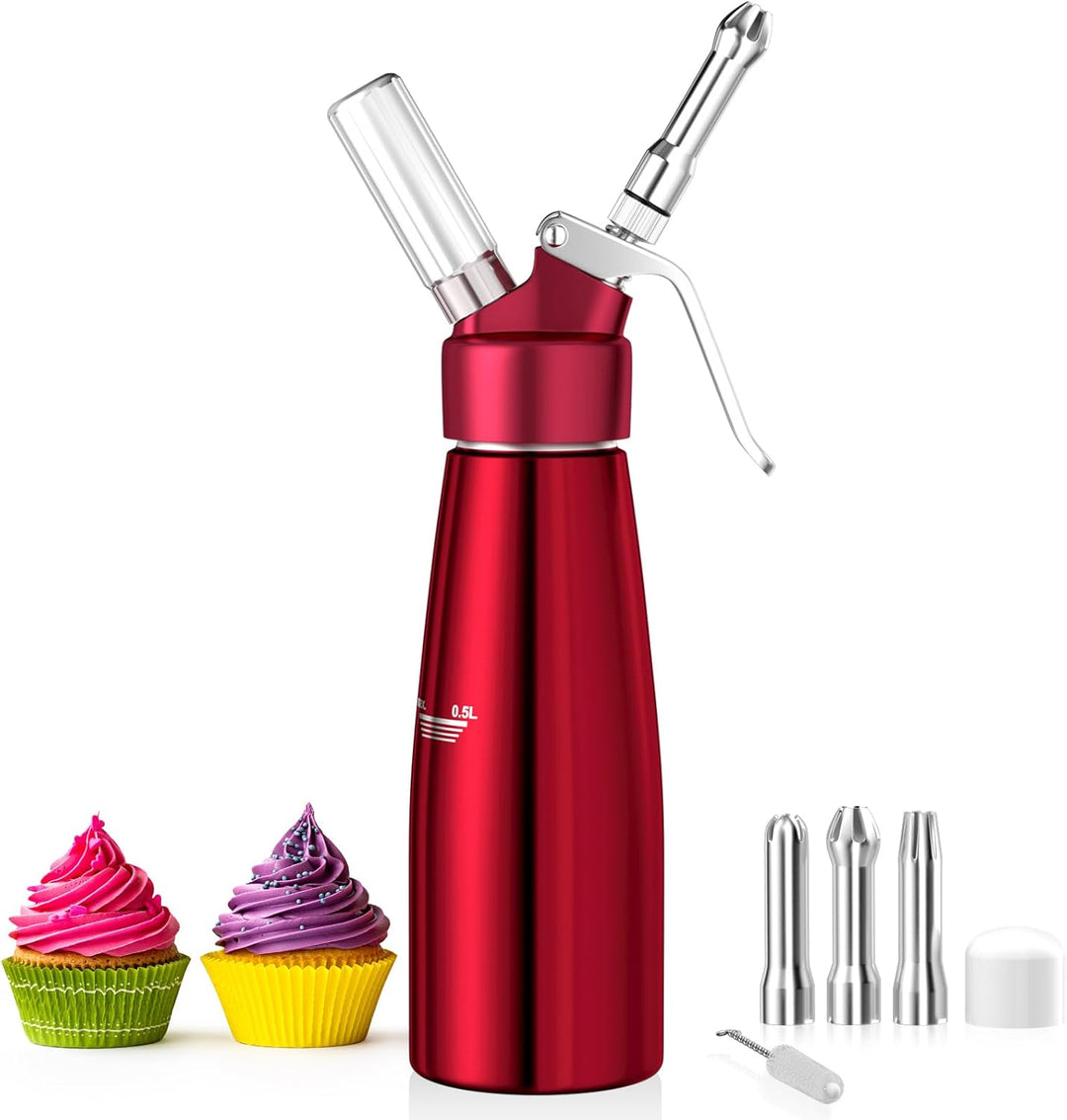 Newaner 500ml sahnespender, Sahnesyphon Aluminium mit 3 Edelstahl Deko-Düsen und 1 Reinigungbürste,