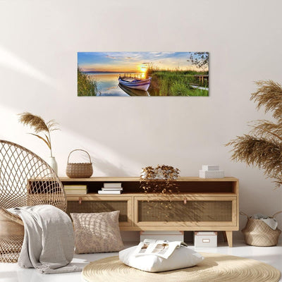 Panorama Bilder auf Leinwand See Boot Wasser Leinwandbild mit Rahmen 90x30cm Wandbilder Dekoration W