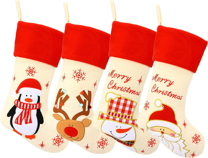 Hopearl Weihnachtsstrümpfe Set 4er - Rustikale Leinen Socken mit Weihnachtsmann, Schneemann, Rentier