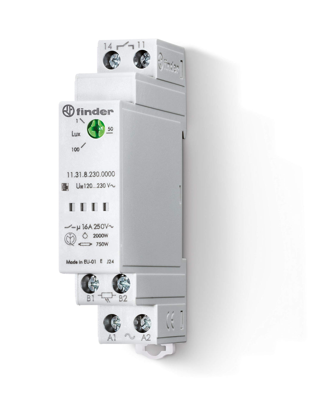 Finder 113182300000PAS Dämmerungsschalter, 1 Schliesser, 16 A, 110 A, 230 VAC, geringe Breite, 17,5
