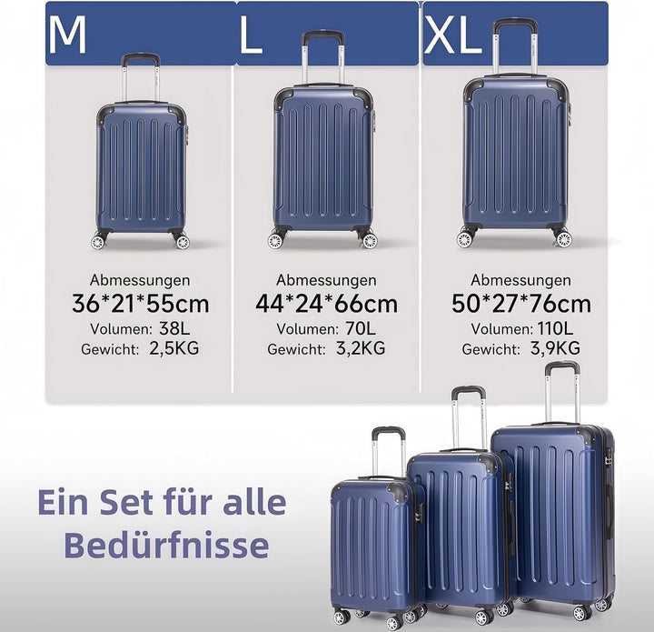3tlg Kofferset, Trolley Koffer Reisekofferset, (55/66/76CM), Handgepäck Koffer, 360°drehbare Hartsch