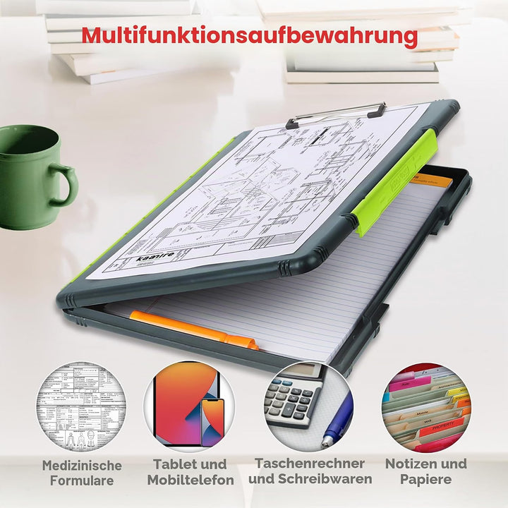 Dexas XL Slimcase 2 Klemmbrett zur Aufbewahrung, legale Grösse, Kunststoff, Grau mit grünem Clip, 15