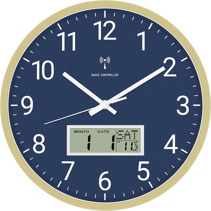 Foxtop Funk-Wanduhr Digital & Analog 30cm mit LCD-Anzeige – Digitale Funkuhr Wanduhr mit Temperatur,