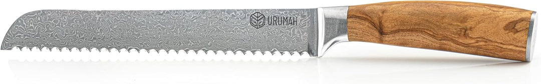URUMAH Damascus Brotmesser Wellenschliff 20 cm mit ergonomischem Olivenholzgriff Klinge aus rostfrei
