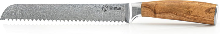 URUMAH Damascus Brotmesser Wellenschliff 20 cm mit ergonomischem Olivenholzgriff Klinge aus rostfrei