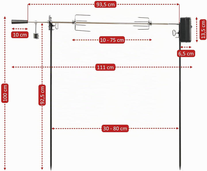 BBQ-Toro Grillspiess Set für Camping Ausflug, Lagerfeuer und mehr, 90 cm, 2 Fleischnadeln, Motor (mi