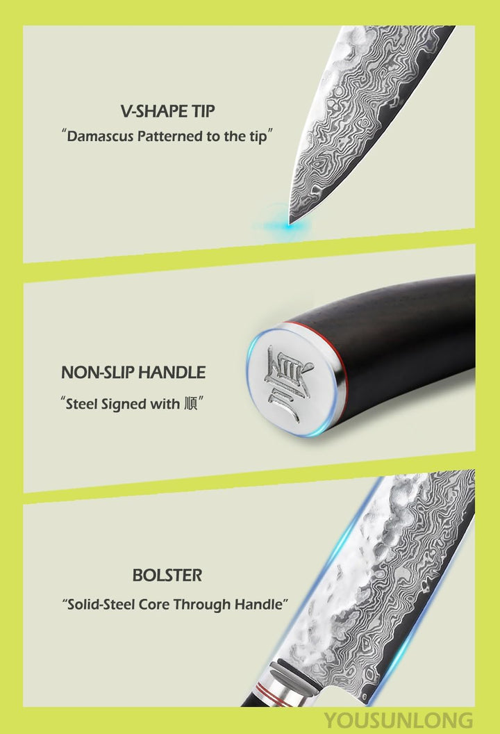 YOUSUNLONG Kochmesser 8 Zoll Gyuto Japanisch Gehämmerter Damaststahl Natur Bleiholzgriff mit Ledersc