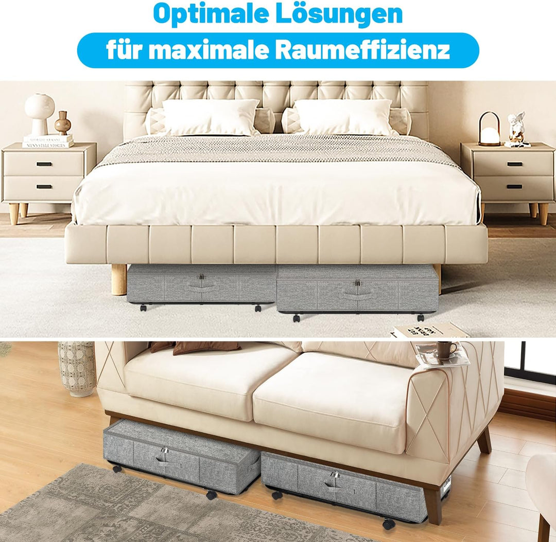 Unterbett Aufbewahrungsbox mit Rollen & 3 Griffen, 2er Set Faltbare Unterbett Kommode 50L, Faltbare