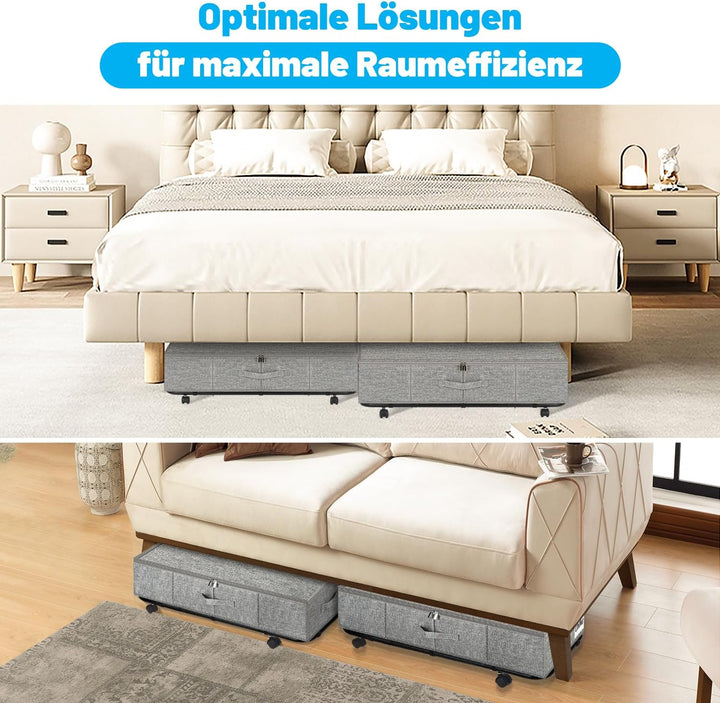 Unterbett Aufbewahrungsbox mit Rollen & 3 Griffen, 2er Set Faltbare Unterbett Kommode 50L, Faltbare