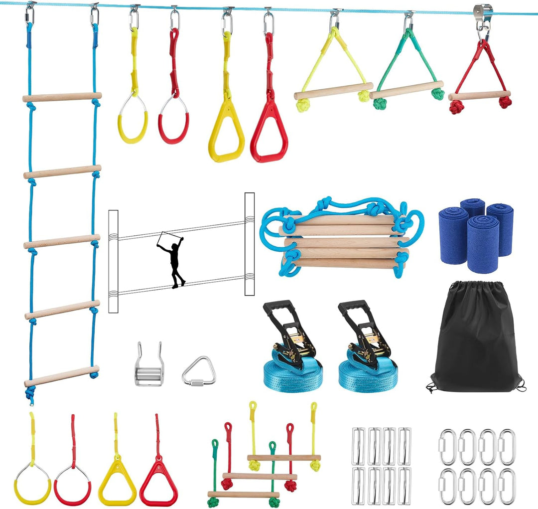 Ninja Slackline Set für Kinder, 15m (50FT) Outdoor Hindernisparcours mit Klettergerüst, Ringen, Seil