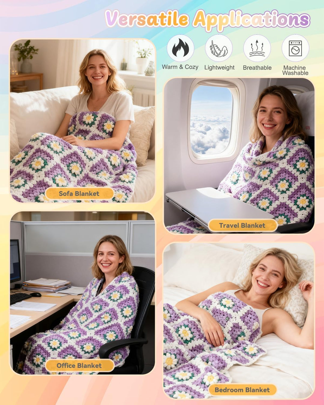 Coopay Granny Square Häkelset für Anfänger, Häkel Set für Gänseblümchen Decke 3D, Komplett Häkelset