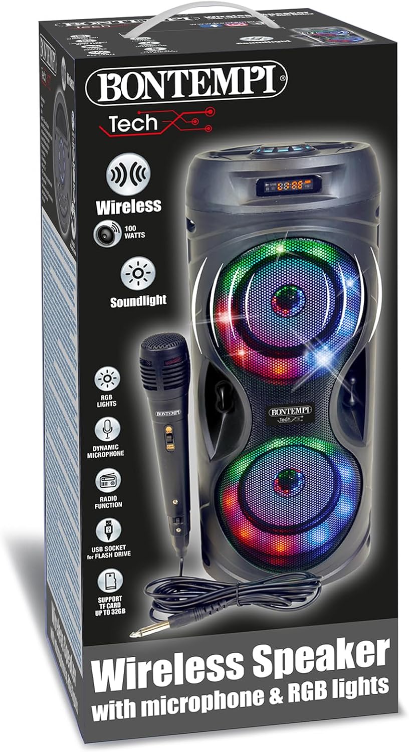 Bontempi | SonicSync - Drahtloser Verstärker Karaoke mit dynamischem Mikrofon, Lichteffekten, Bass-