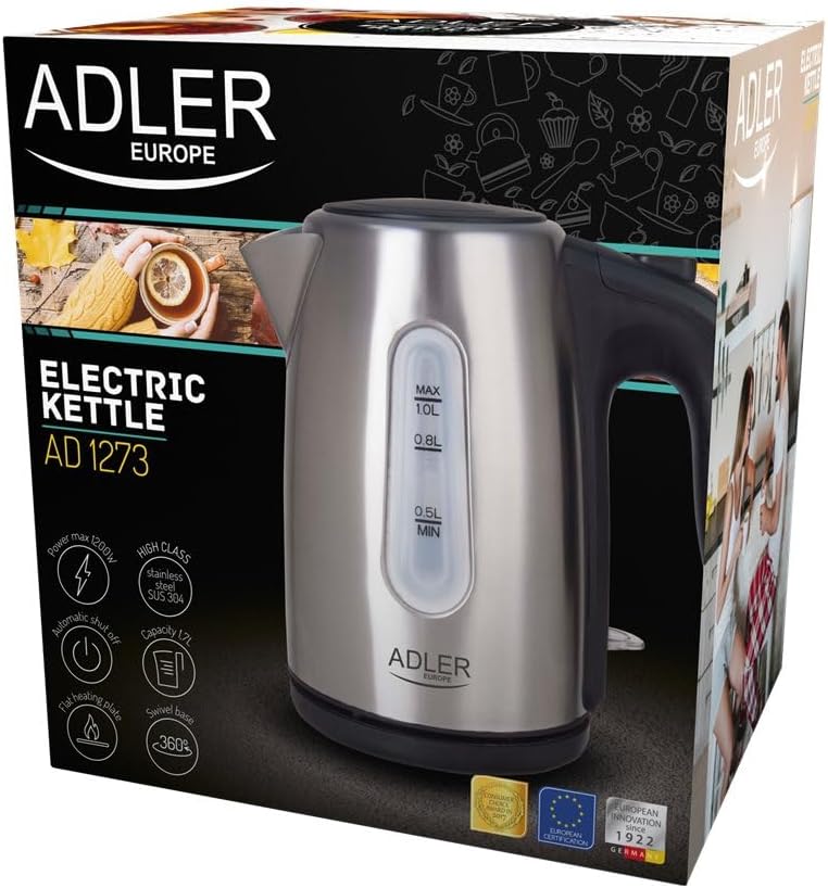 Adler Wasserkocher aus Metall mit einer Kapazität von 1 Liter und 1200 W Leistung AD 1273, 1630, Ede
