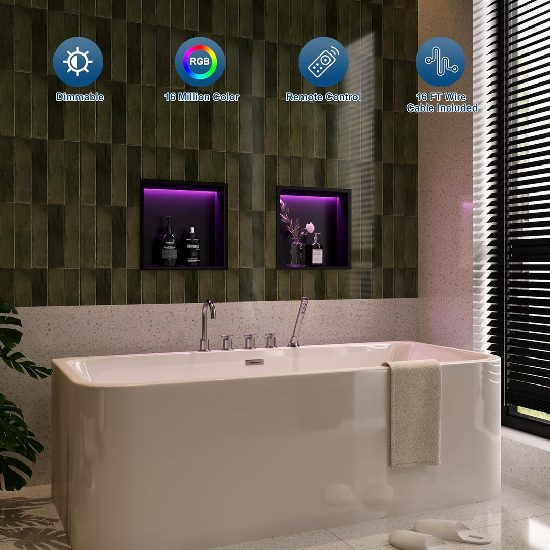 Wandnische Dusche Edelstahl mit RGB LED-Licht, Eingebettete Duschnische Schwarz Einzelregal Lagerung