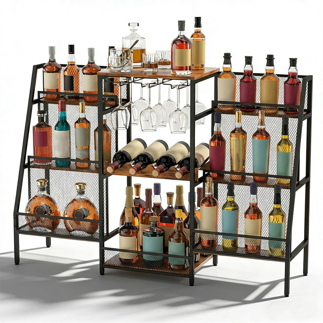 8-Tier Abgestufte Liquor Cabinet Mini Bar, Freistehendes Weinregal mit Geländer und Glashalter, Meta
