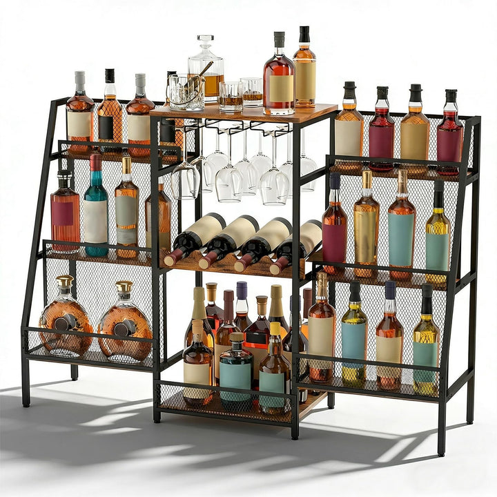 8-Tier Abgestufte Liquor Cabinet Mini Bar, Freistehendes Weinregal mit Geländer und Glashalter, Meta