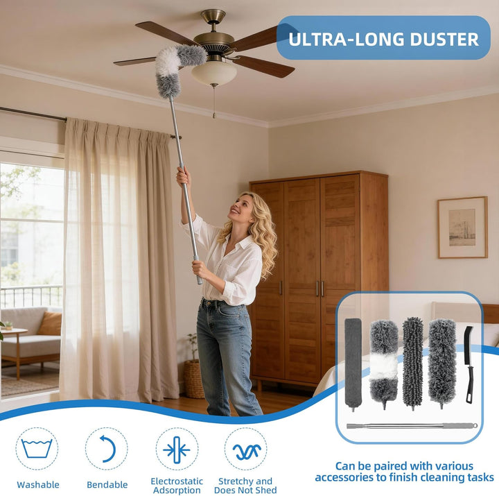 7 Stück Duster, Staubwischer Teleskop Stange und Biegbar Eckbesen, Duster Mikrofaser lang ausziehbar