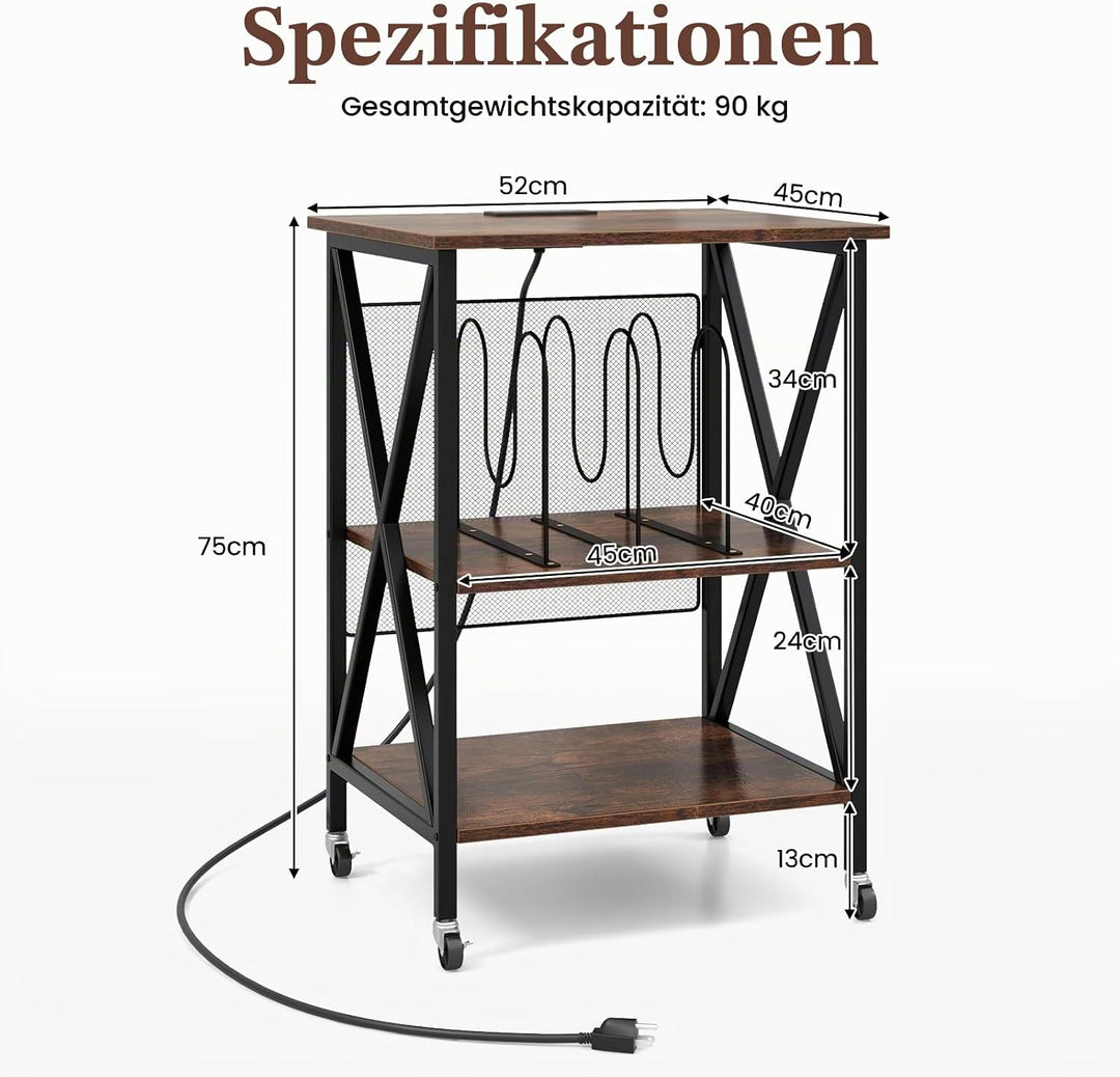 KOMFOTTEU mobiler Aktenschrank mit Ladestation & offenen Fächern, Druckerständer Plattenspieler-Tisc