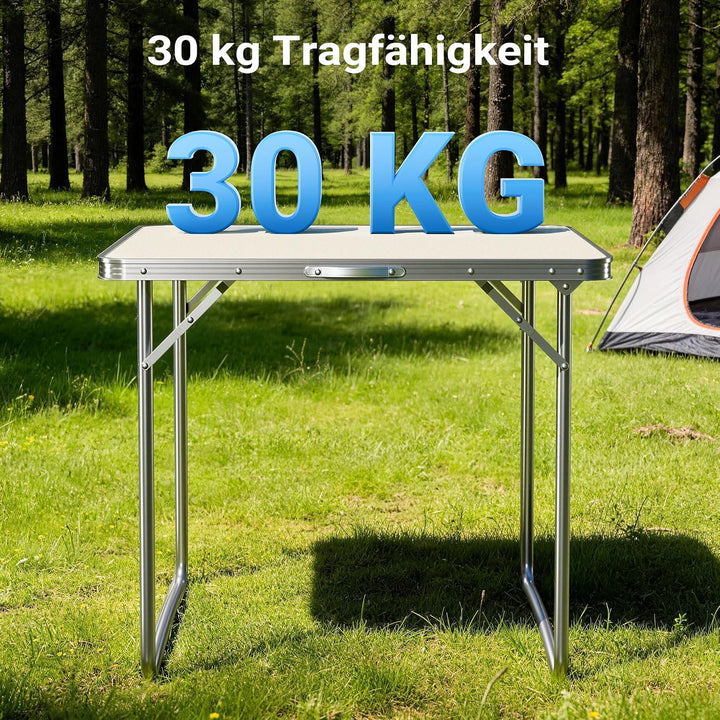 Wiltec Campingtisch klappbar 80x60cm mit weisser Tischplatte aus MDF und Aluminium Rahmen Klapptisch
