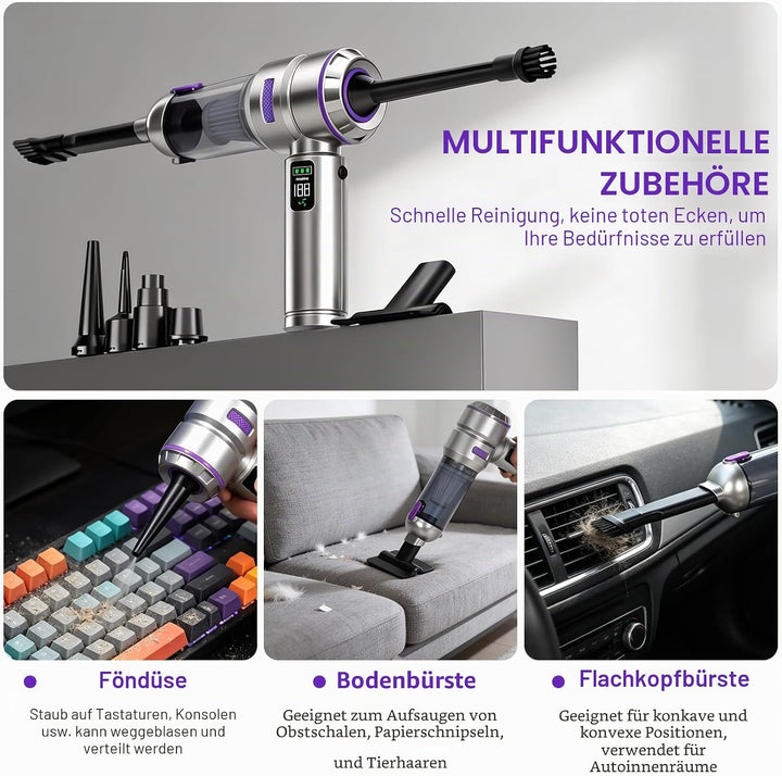 Handstaubsauger Akku Kabellos, Autostaubsauger Kabellos 24000Pa Mini Staubsauger, 3-Gang 180000 U/mi