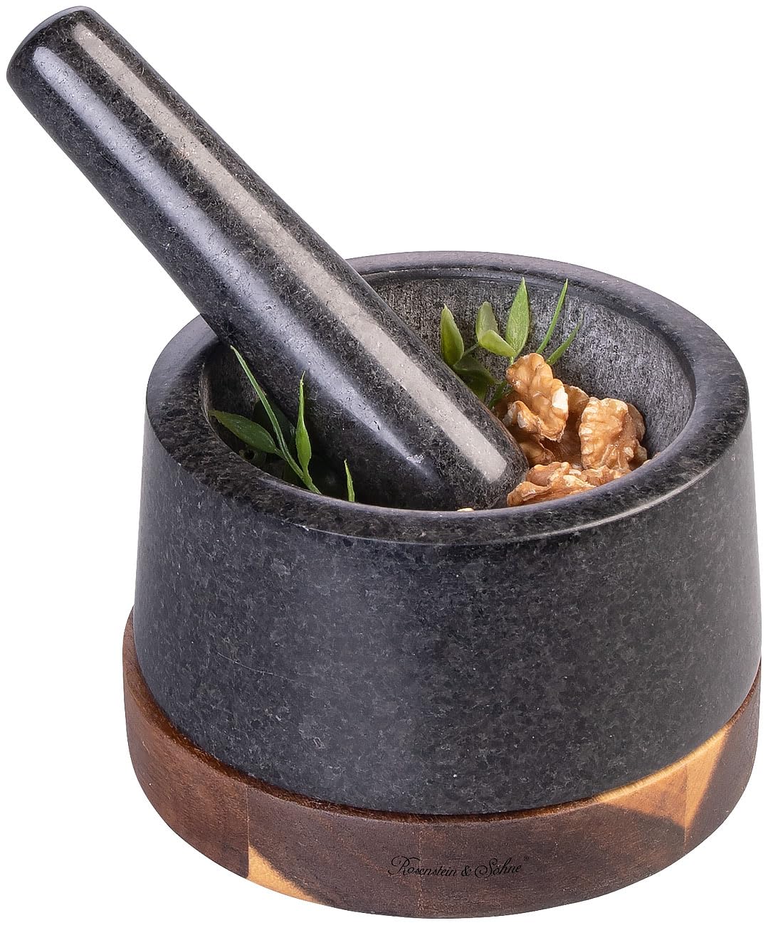 Rosenstein & Söhne Mörser Küche: Set mit Mörser und Stössel aus Granit und Holz, 14 cm (Gewürz-Zerkl