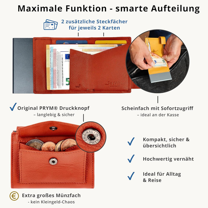 SecWal Kartenetui mit Münzfach Druckknopf inkl. Geschenkbox - Made in Germany - Echtleder Mini Geldb