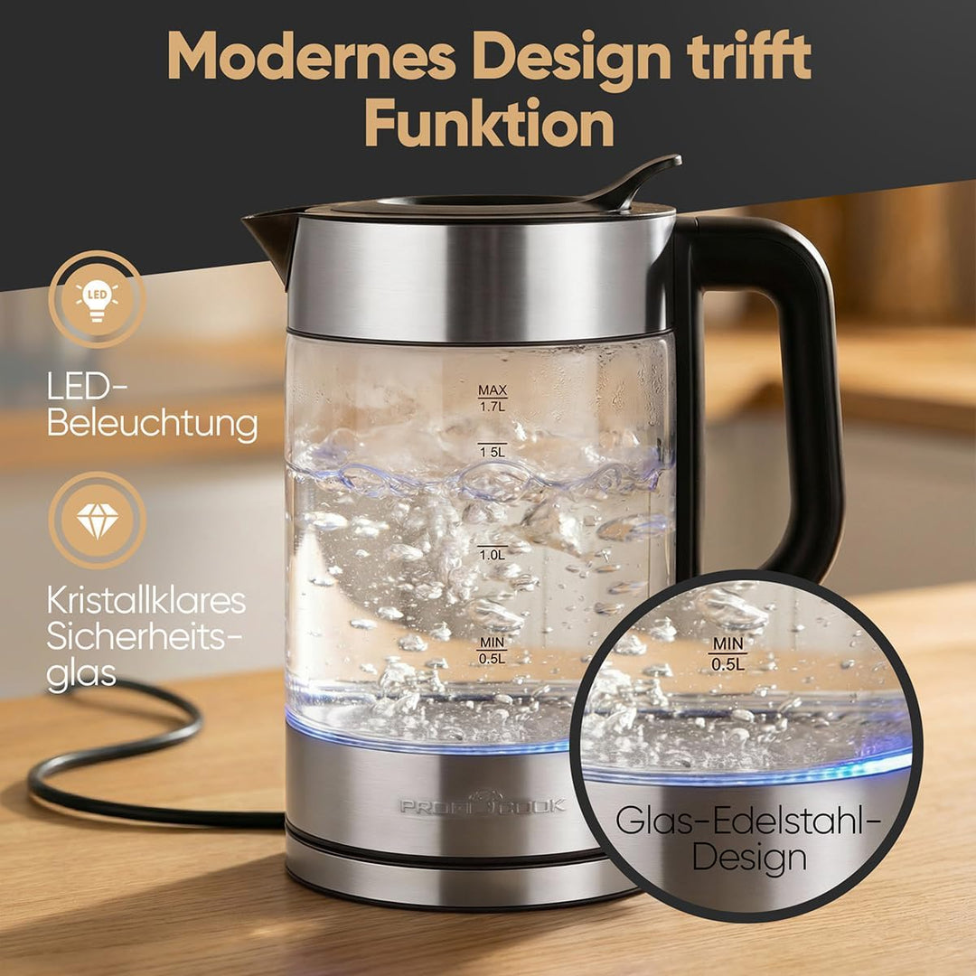 ProfiCook® Wasserkocher Glas | 1,7L | 2200W | beleuchtet | BPA frei | Einhandbedienung | 360° drehba