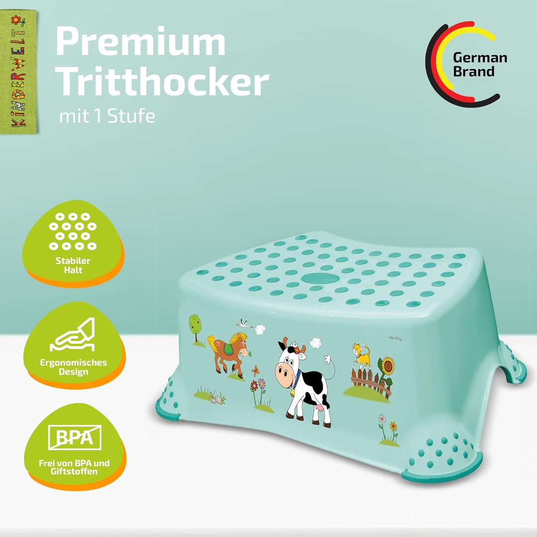 KiNDERWELT Premium Tritthocker für Kinder und Babys, Bauernhof Design in Aquamarin, Tritthocker Stuf