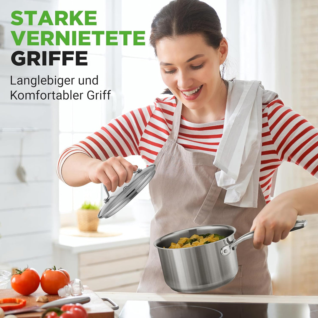 NutriChef Stielkasserolle, 16cm/2L, Antihaftbeschichtet mit Glasdeckel, für Induktion, Alle Herdarte