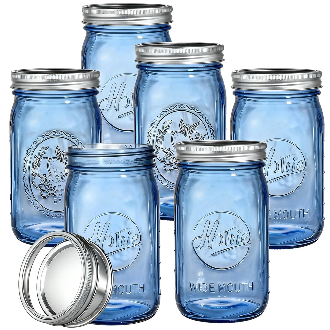 Tebery 6 Stück Vintage Blue Home Einmachgläser mit luftdichten Deckeln und Bändern, 900 ml breite Öf