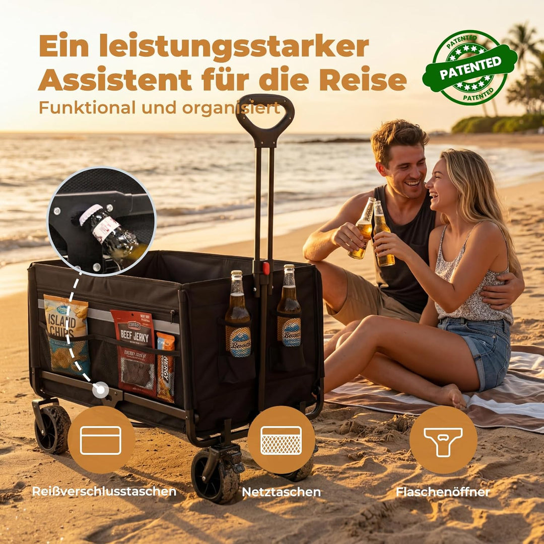 Bollerwagen Faltbar 120L Strandwagen Klappbar mit Heckklappe Regenschutz, Bremsen, Reflektorstreifen