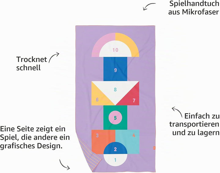 Quut – Strand-/Poolhandtuch für Kinder mit Spiel – Ultraschnell trocknende Mikrofaser, sandfrei – ko