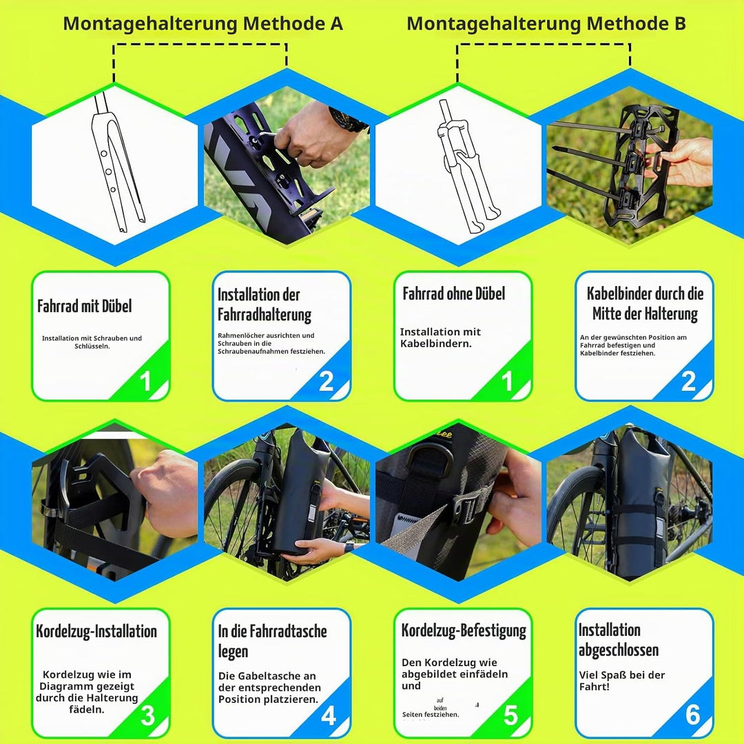 8.5L 2 Stück Gabeltaschen Fahrrad Wasserdicht Fahrradtasche Vorderrad mit Vielseitiger Halterung Rol