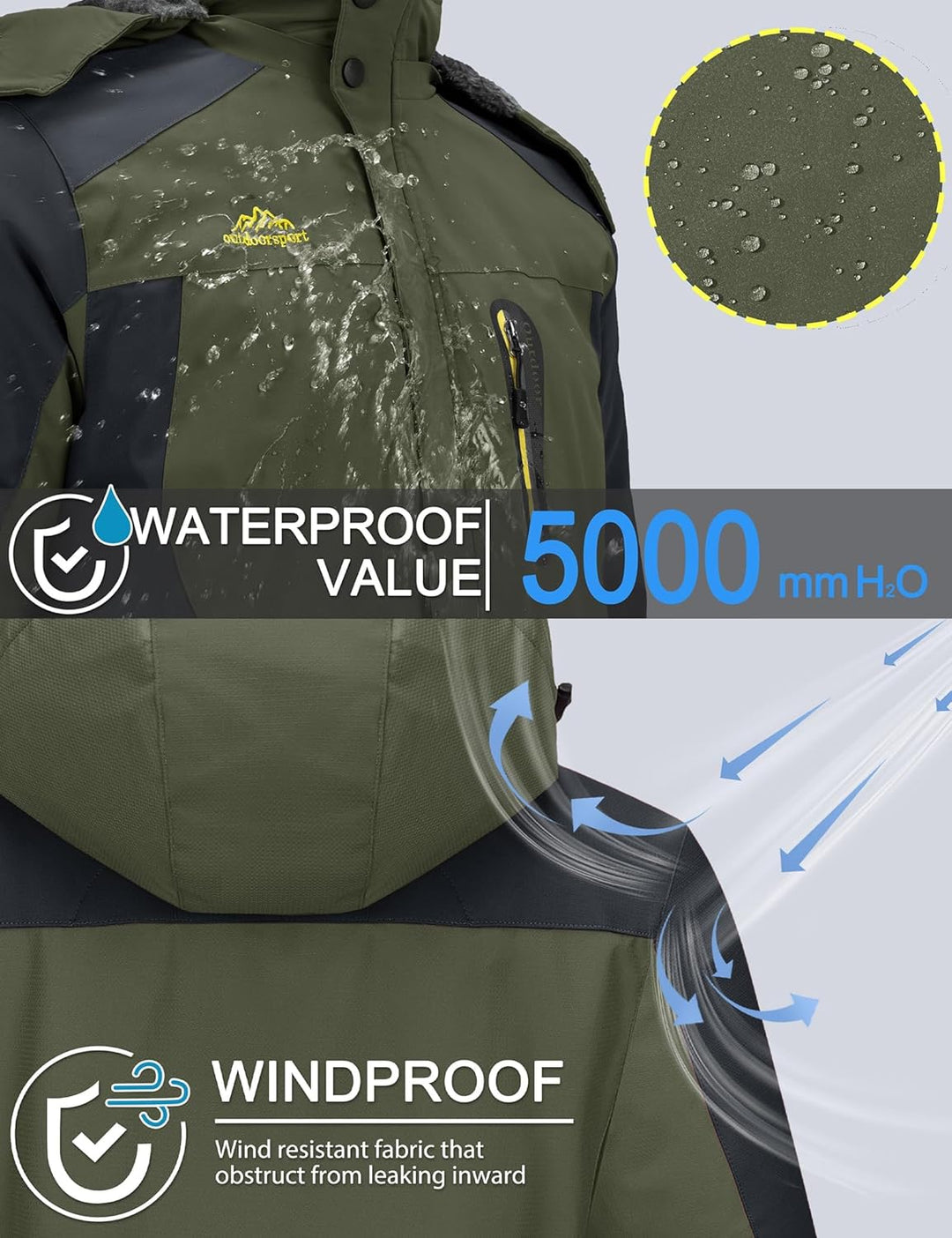 Herren Warme Skijacke Gefütterte Winterjacke Wasserabweisende Funktionsjacke mit Abnehmbarer Kapuzen