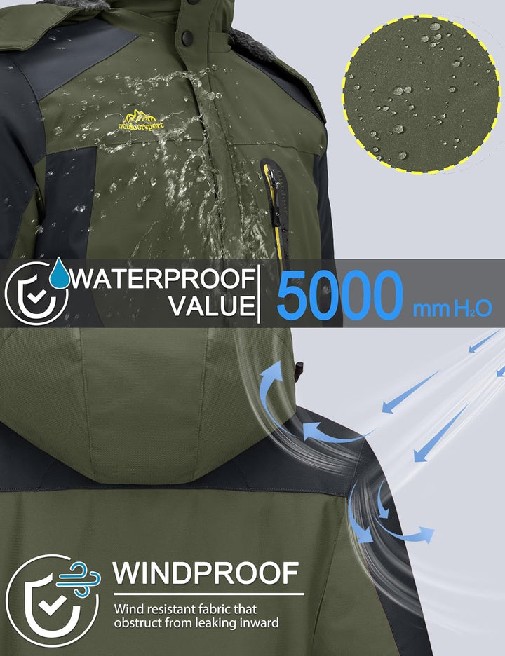 Herren Warme Skijacke Gefütterte Winterjacke Wasserabweisende Funktionsjacke mit Abnehmbarer Kapuzen