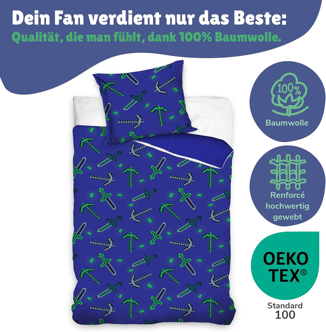 Minecraft Bettwäsche Set für Jungen · Kinderbettwäsche 135x200 80x80 cm aus 100% Baumwolle · Motiv m