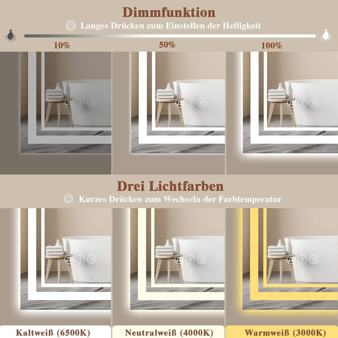 Badspiegel-mit-Beleuchtung 140x70 - LED Badezimmerspiegel mit Bluetooth - Badezimmer Spiegel mit Bel