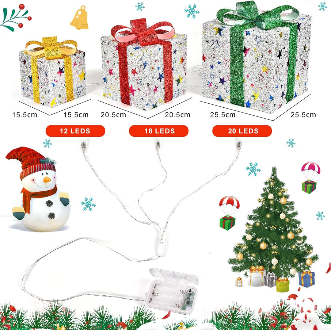 JONRRYIN LED Geschenkbox Weihnachten, 3er Set LED Deko Geschenkbox mit Fernbedienung, Timer, 8 Blitz