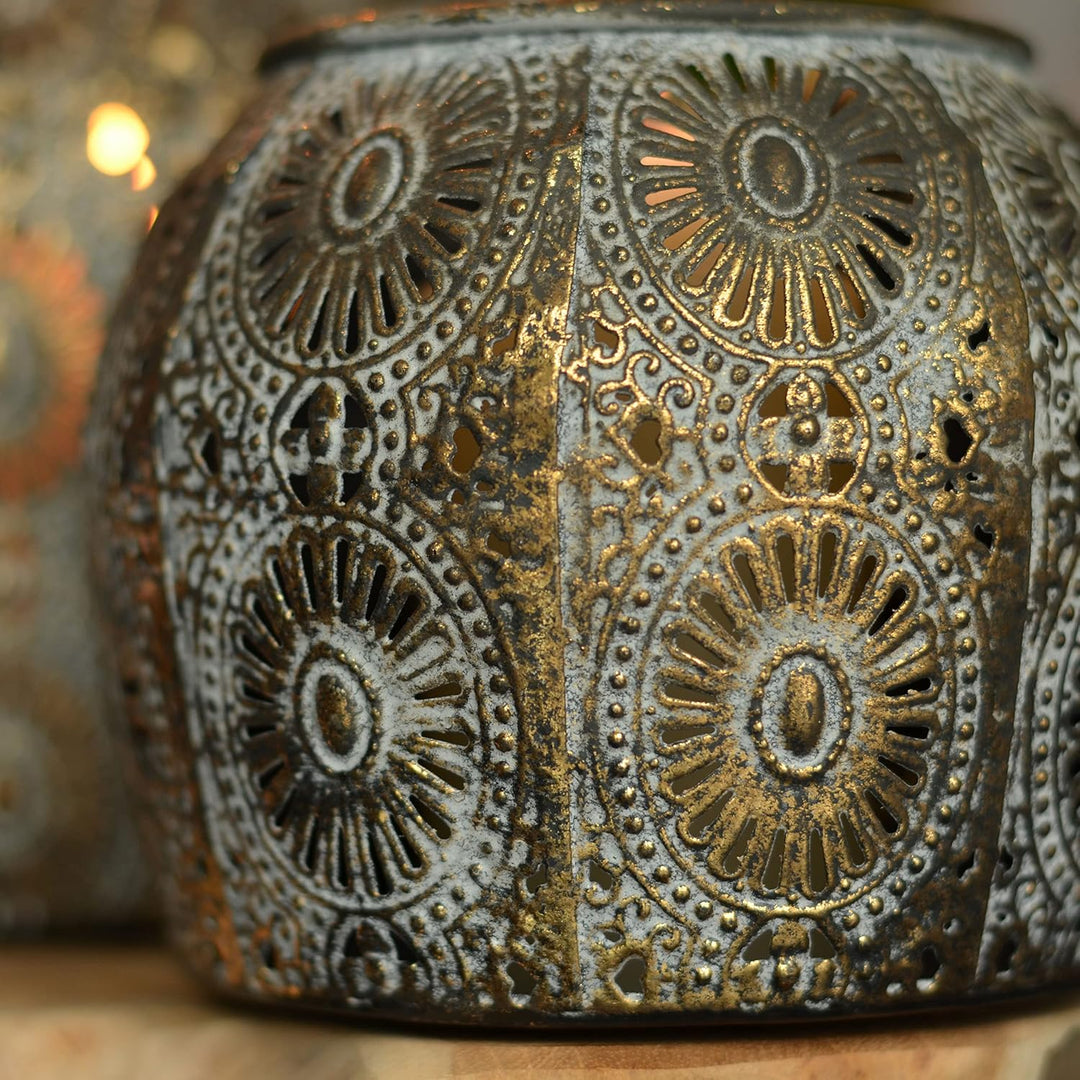 Hurricane Laternen-Set mit Gänseblümchen-Motiv, Metallarbeiten, Used-Gold, Weiss-Grau-Patina, Eisen,