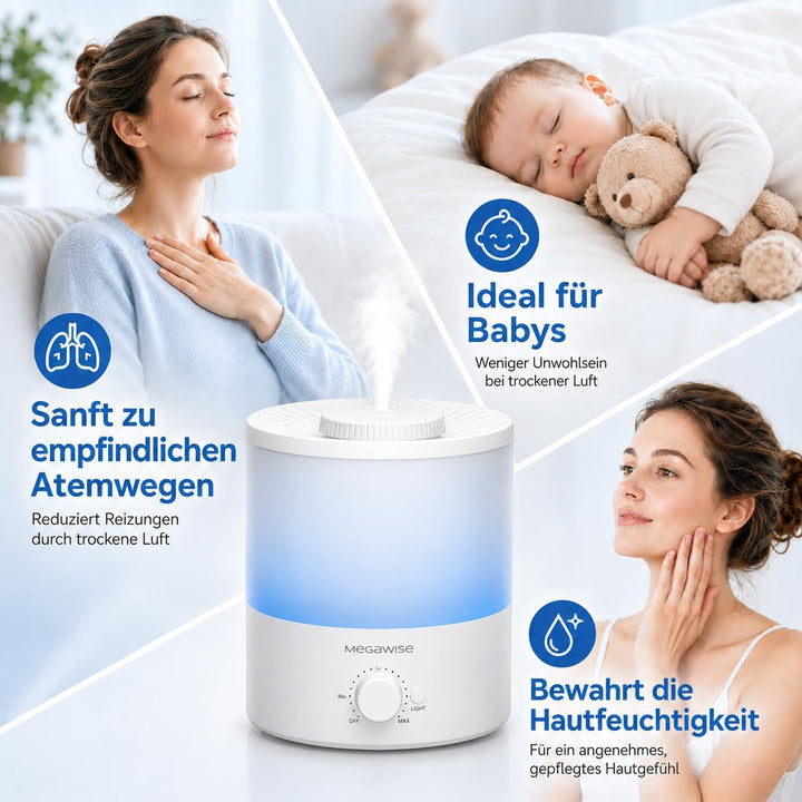 MEGAWISE Luftbefeuchter, Extrem Leiser Luftverteiler Mit 25 dB, Mehrere Sprühstufen, für ätherische